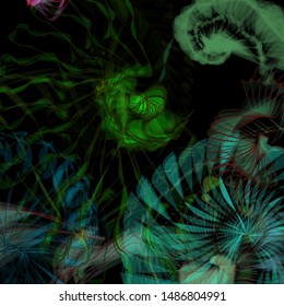 Vector illustration of a colorful wireframe structure formed by the interweaving of smoothly curved lines. A complex plexus backdrop resembling a surrealistic pattern. Strange dynamic scene.