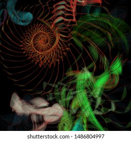 Vector illustration of a colorful wireframe structure formed by the interweaving of smoothly curved lines. A complex plexus backdrop resembling a surrealistic pattern. Strange dynamic scene.