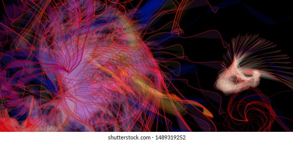 Vector illustration of a colorful wireframe structure formed by the interweaving of smoothly curved lines. A complex plexus backdrop resembling a surrealistic pattern. Crazy art concept.