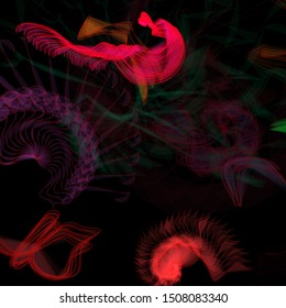 Vector illustration of a colorful wireframe structure formed by the interweaving of smoothly curved lines. A complex plexus backdrop resembling a fractal pattern. Crazy art concept.