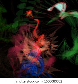 Vector illustration of a colorful wireframe structure formed by the interweaving of smoothly curved lines. A complex plexus backdrop resembling a fractal pattern. Crazy art concept.