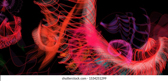 Vector illustration of a colorful wireframe structure formed by the interweaving of smoothly curved lines. A complex plexus backdrop resembling a fractal pattern. Crazy art concept.