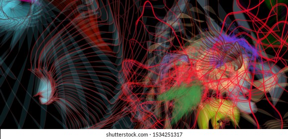 Vector illustration of a colorful wireframe structure formed by the interweaving of smoothly curved lines. A complex plexus backdrop resembling a fractal pattern. Crazy art concept.
