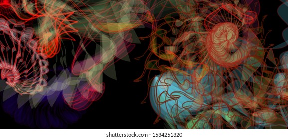 Vector illustration of a colorful wireframe structure formed by the interweaving of smoothly curved lines. A complex plexus backdrop resembling a fractal pattern. Crazy art concept.