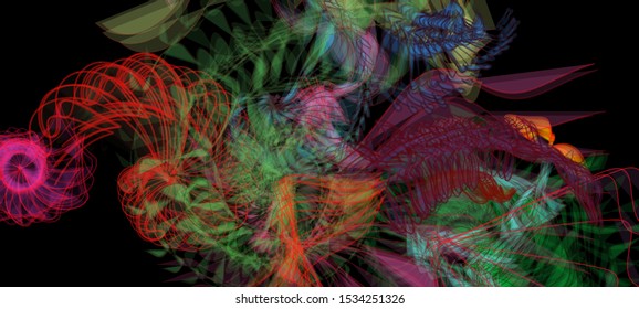 Vector illustration of a colorful wireframe structure formed by the interweaving of smoothly curved lines. A complex plexus backdrop resembling a fractal pattern. Crazy art concept.