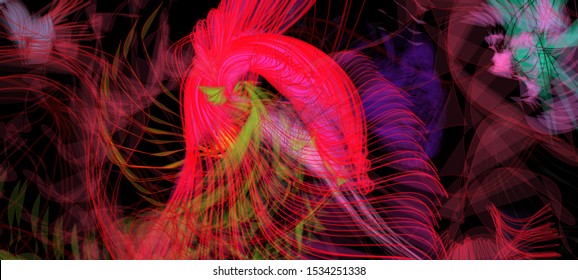 Vector illustration of a colorful wireframe structure formed by the interweaving of smoothly curved lines. A complex plexus backdrop resembling a fractal pattern. Crazy art concept.