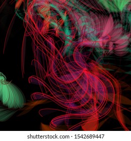 Vector illustration of a colorful wireframe structure formed by the interweaving of smoothly curved lines. A complex plexus backdrop resembling a fractal pattern. Crazy art concept.