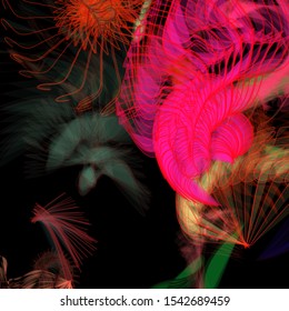 Vector illustration of a colorful wireframe structure formed by the interweaving of smoothly curved lines. A complex plexus backdrop resembling a fractal pattern. Crazy art concept.