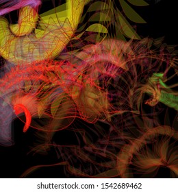 Vector illustration of a colorful wireframe structure formed by the interweaving of smoothly curved lines. A complex plexus backdrop resembling a fractal pattern. Crazy art concept.