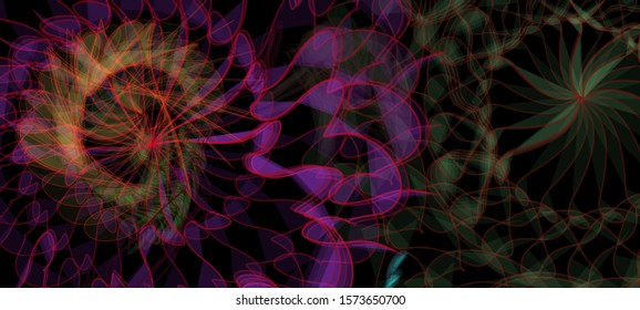 Vector illustration of a colorful wireframe structure formed by the interweaving of smoothly curved lines. A complex plexus backdrop resembling a fractal pattern. Crazy art concept.