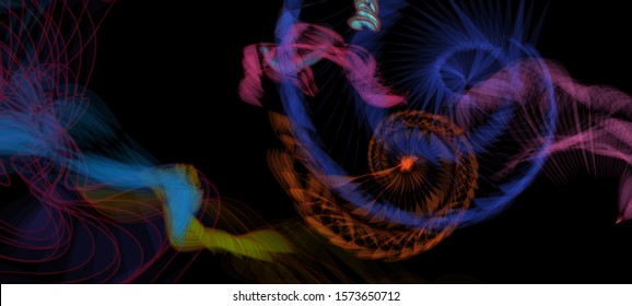 Vector illustration of a colorful wireframe structure formed by the interweaving of smoothly curved lines. A complex plexus backdrop resembling a fractal pattern. Crazy art concept.