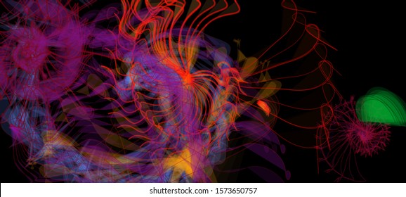 Vector illustration of a colorful wireframe structure formed by the interweaving of smoothly curved lines. A complex plexus backdrop resembling a fractal pattern. Crazy art concept.