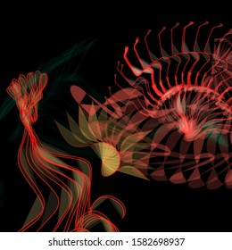 Vector illustration of a colorful wireframe structure formed by the interweaving of smoothly curved lines. A complex plexus backdrop resembling a fractal pattern. Crazy art concept.