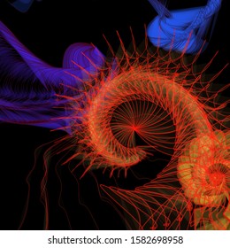 Vector illustration of a colorful wireframe structure formed by the interweaving of smoothly curved lines. A complex plexus backdrop resembling a fractal pattern. Crazy art concept.