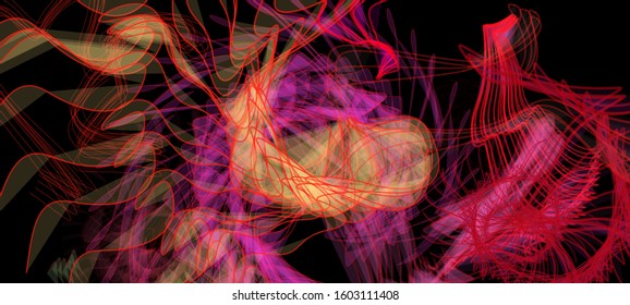 Vector illustration of a colorful wireframe structure formed by the interweaving of smoothly curved lines. A complex plexus backdrop resembling a fractal pattern. Crazy art concept.