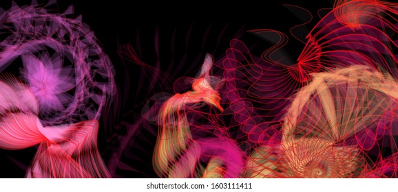 Vector illustration of a colorful wireframe structure formed by the interweaving of smoothly curved lines. A complex plexus backdrop resembling a fractal pattern. Crazy art concept.