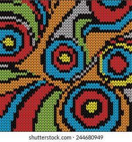 Ilustração vetorial do suéter colorido de lã. Pintura abstrata, círculos, retro, cachecol.