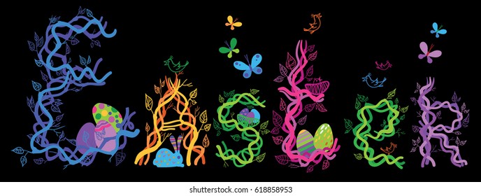 Vector illustration with a colorful word Easter from a branch, leaves, birds, butterflies, eggs and a rabbit on black background.