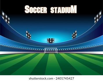 Vector illustration of a colorful world standard football field with lights from spotlights.