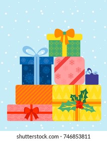 Vector illustration of colorful wrapped gift boxes. Beautiful present box on blue background with snow. Christmas gift box.