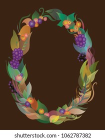 Vector illustration. Colorful wreath of leaves and berries. Beautiful frame with floral ornament. For design