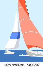 Vector illustration of colorful yachts in the ocean