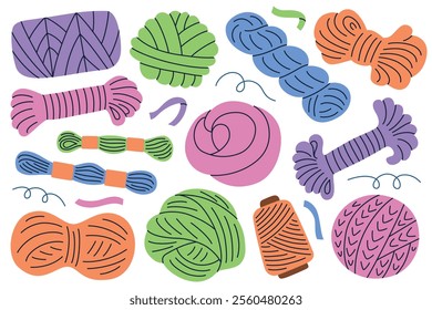 Vector illustration of colorful yarn, thread collection in cartoon flat style. Knitting, crochet, sewing, embroidery materials, skeins, spools, balls. Creative design, crafting, DIY supplies