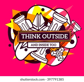 Vector illustration of colorful yellow and dark purple abstract composition with frame and white text on pink background. Line art design for web, site, banner, poster, card, paper print, t-shirt.