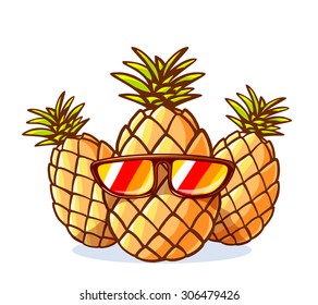 Vector illustration of colorful yellow hipster pineapples with sunglasses on white background. Hand draw line art design for web, site, advertising, banner, poster, board and print.