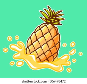 Vector illustration of colorful yellow pineapple with splash on green background. Hand draw line art design for web, site, advertising, banner, poster, board and print.