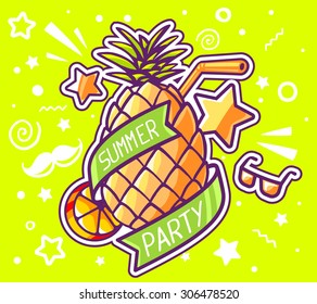 Vector illustration of colorful yellow pineapple with ribbon and straw on green background. Hand draw line art design for web, site, advertising, banner, poster, board and print.