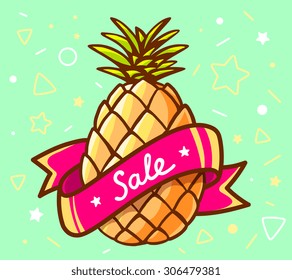 Vector illustration of colorful yellow pineapple with red ribbon on green background. Hand draw line art design for web, site, advertising, banner, poster, board and print.