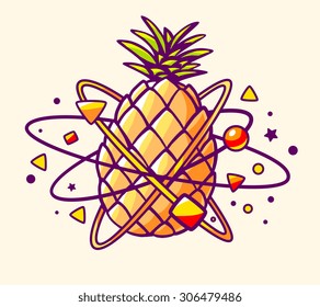 Vector illustration of colorful yellow pineapple with elements and particles on light background. Hand draw line art design for web, site, advertising, banner, poster, board and print.