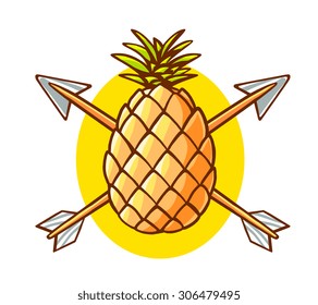 Vector illustration of colorful yellow pineapple pierced by two arrows on white background. Hand draw line art design for web, site, advertising, banner, poster, board and print.