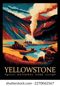 Ilustración vectorial del colorido concepto del afiche del parque nacional Yellowstone.