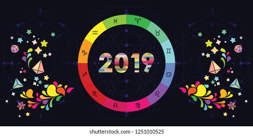 vector illustration of colorful zodiac circle and 2019 year signs forecast banner