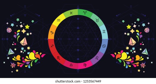 vector illustration of colorful zodiac signs circle and decorative elements on dark background
