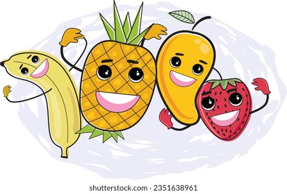 vector illustration of colorfull and happy fruits character,pineapple and friend,good for logo, children book, pre-scholl,animation, coloring book, restaurant,healthy foods,vegetarian. Ready to print