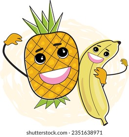 vector illustration of colorfull and happy fruits character,pineapple and friend,good for logo, children book, pre-scholl,animation, coloring book, restaurant,healthy foods,vegetarian. Ready to print