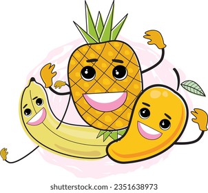 vector illustration of colorfull and happy fruits character,pineapple and friend,good for logo, children book, pre-scholl,animation, coloring book, restaurant,healthy foods,vegetarian. Ready to print