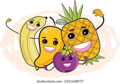 vector illustration of colorfull and happy fruits character,pineapple and friend,good for logo, children book, pre-scholl,animation, coloring book, restaurant,healthy foods,vegetarian. Ready to print
