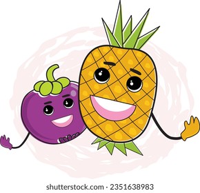 vector illustration of colorfull and happy fruits character,pineapple and friend,good for logo, children book, pre-scholl,animation, coloring book, restaurant,healthy foods,vegetarian. Ready to print
