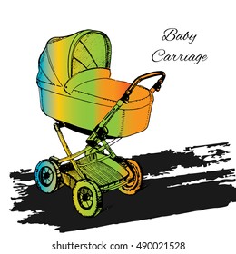 Vector illustration of colorfull  Stroller, Carriage, Pram. Baby Transport  with text. Logo element for design.