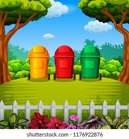 vector illustration of the colorfull trashbin with the garden view