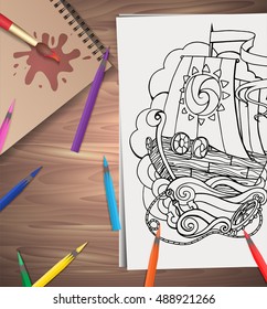 Vector illustration of coloring adults ship with colored pencils on the table. Example for presentations and your design