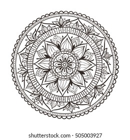 Vector illustration Coloring for adults in the style of boho, mandala background. Geometric outline drawing. Circular ornament point line.