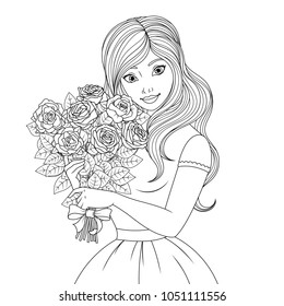 Vector illustration, coloring, beautiful fairy princess holding a bouquet of roses in hands