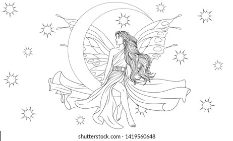 Vector illustration coloring, beautiful fairy sitting on her moon and admiring the stars