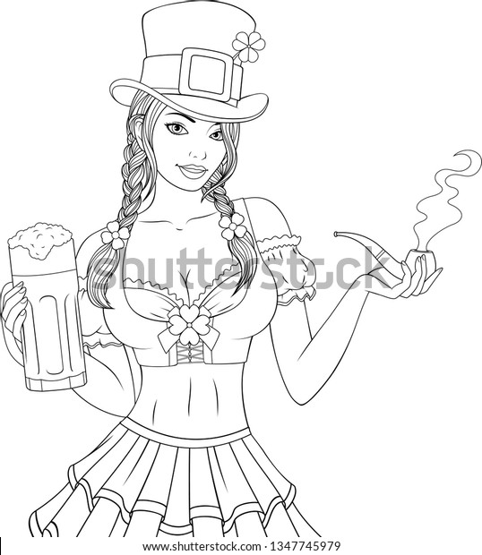 Vector illustration, coloring, beautiful waitress girl, with a beer mug