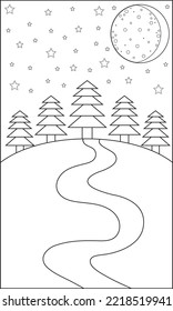 ilustración vectorial para colorear, paisaje de bosque negro y blanco con río, cielo, estrellas, árboles y luna, silueta de dibujo del paisaje nocturno